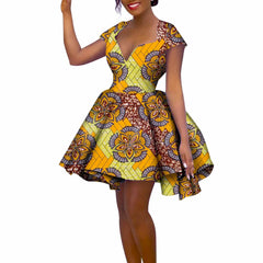 African Women’s Summer Dress – Short Sleeve Ankara Dashiki Print Ball Gown