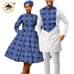 African Print Couples Clothing – Women’s Dress with Headwrap and Men’s Patchwork Top and Pants