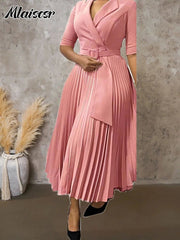 African Pleated A - Line Dress for Women – V - Neck High - Waist Office Dress with Belt - Free Delivery Worldwide only at Flexi Africa