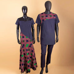 African Print Couple Set – Women’s Lace Dress Paired with Men’s Dashiki Shirt and Pants - Free Delivery Worldwide only at Flexi Africa