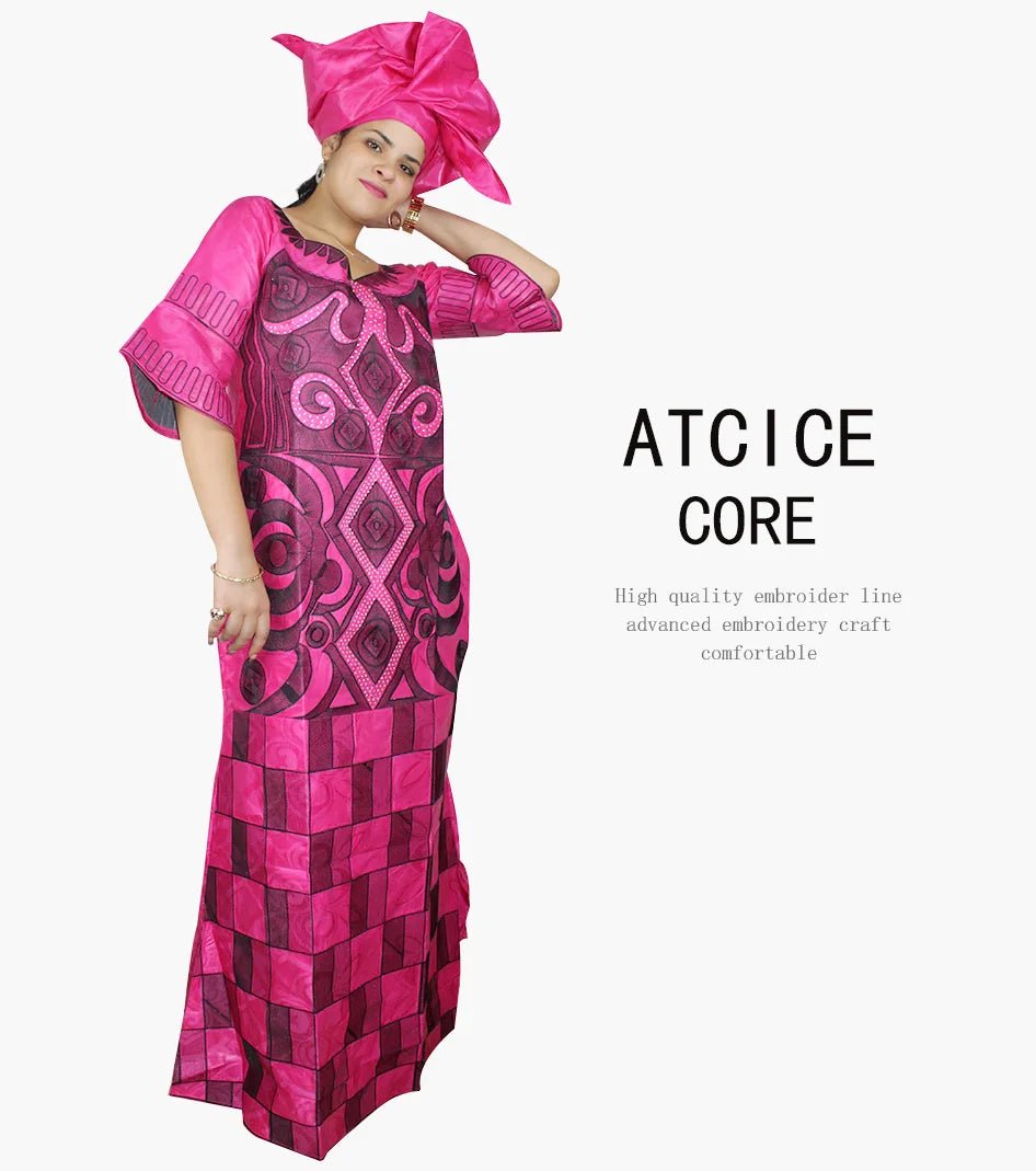Buy African Women's Bazin Riche Embroidered Plus-Size Long Dress with Matching Scarf for only $59.66 at Flexi Africa!