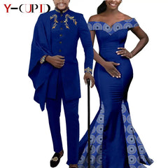 Elegant African Wedding Couple Outfits – Women's Slim Fit Mermaid Dress & Men's Bazin Riche Jacket Pant Set with Hat - Free Delivery Worldwide only at Flexi Africa