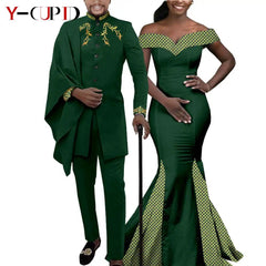 Elegant African Wedding Couple Outfits – Women's Slim Fit Mermaid Dress & Men's Bazin Riche Jacket Pant Set with Hat - Free Delivery Worldwide only at Flexi Africa