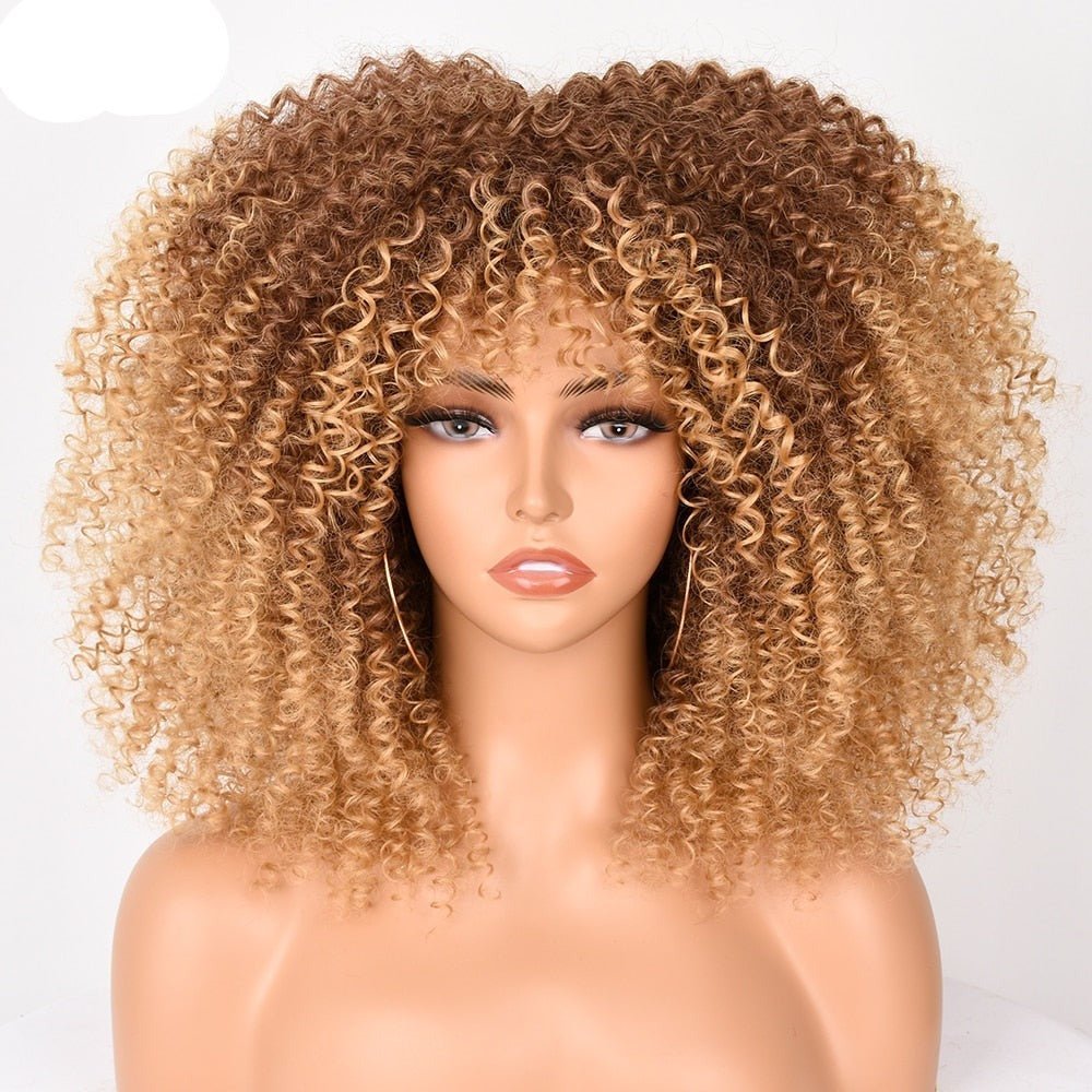 16" Short Kinky Curly Wig with Bangs Natural Synthetic Afro Hair Black Women - Free Delivery Worldwide only at Flexi Africa