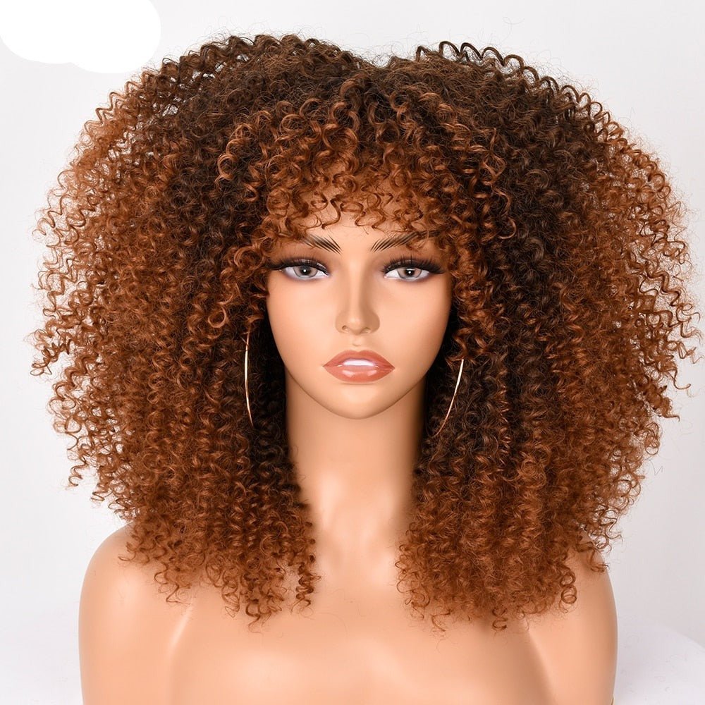 16" Short Kinky Curly Wig with Bangs Natural Synthetic Afro Hair Black Women - Free Delivery Worldwide only at Flexi Africa