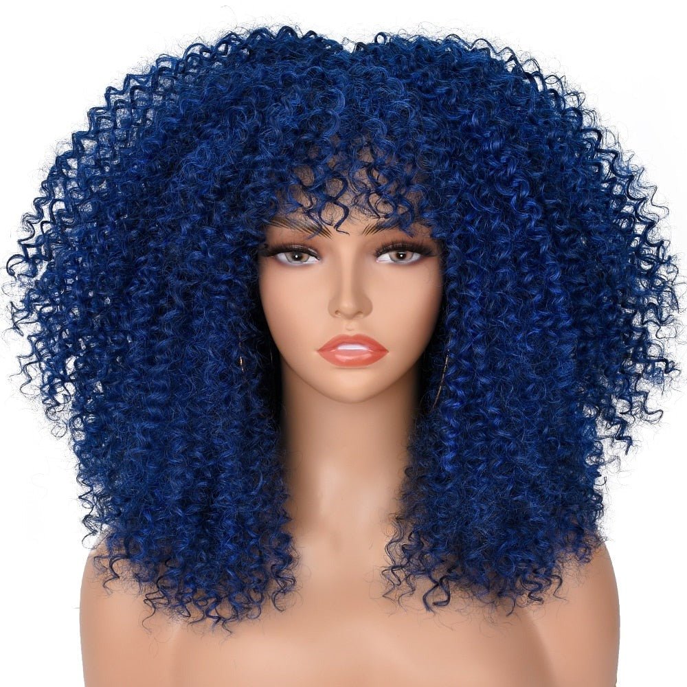 16" Short Kinky Curly Wig with Bangs Natural Synthetic Afro Hair for Black Women - Flexi Africa - Free Delivery Worldwide