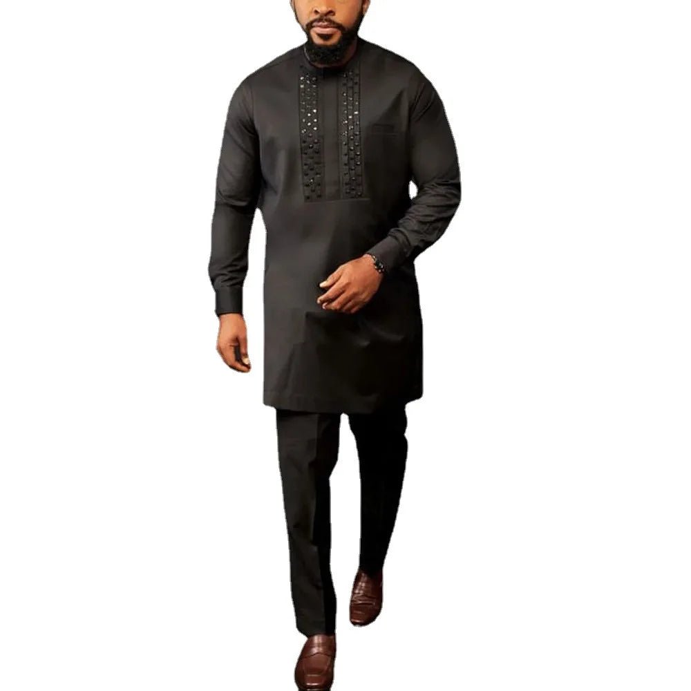 2 Piece African Clothes for Men Spring Autumn Africa Long Sleeve O - neck Black Top Pant Matching Sets Dashiki Africa Clothing - Free Delivery Worldwide only at Flexi Africa