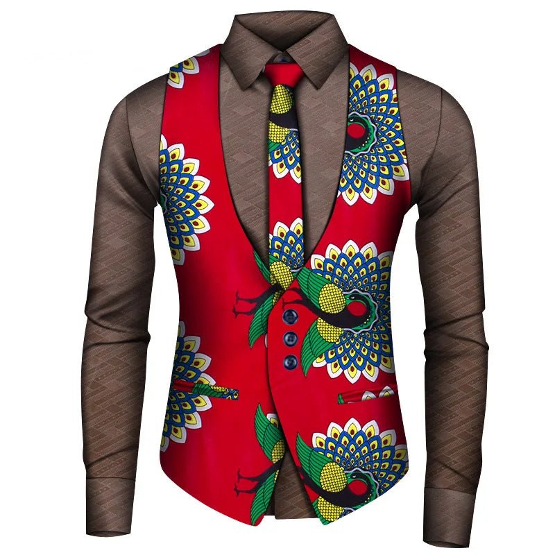 2024 New African Style Vest Men Africa Print Formal Business Casual Slim Vests Shirts Tie Set Men Prom Wedding Party Waistcoa - Free Delivery Worldwide only at Flexi Africa