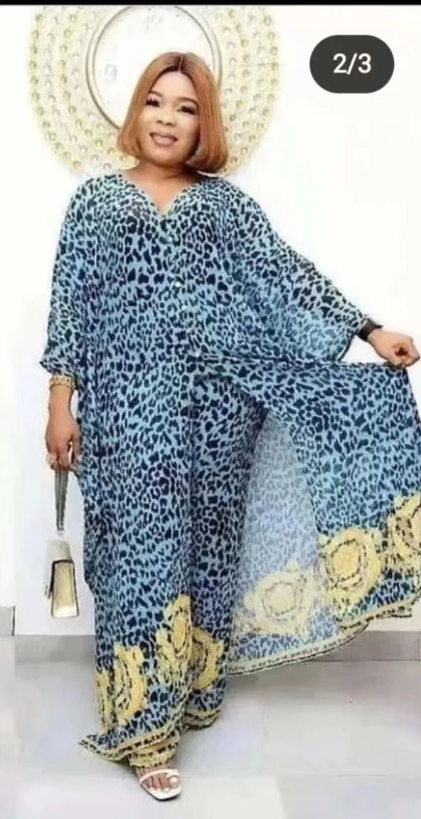 2PC Summer Chic: African Women's V-neck Polyester Printed - Top and Long Pants African Suit - Flexi Africa - Flexi Africa offers Free Delivery Worldwide - Vibrant African traditional clothing showcasing bold prints and intricate designs