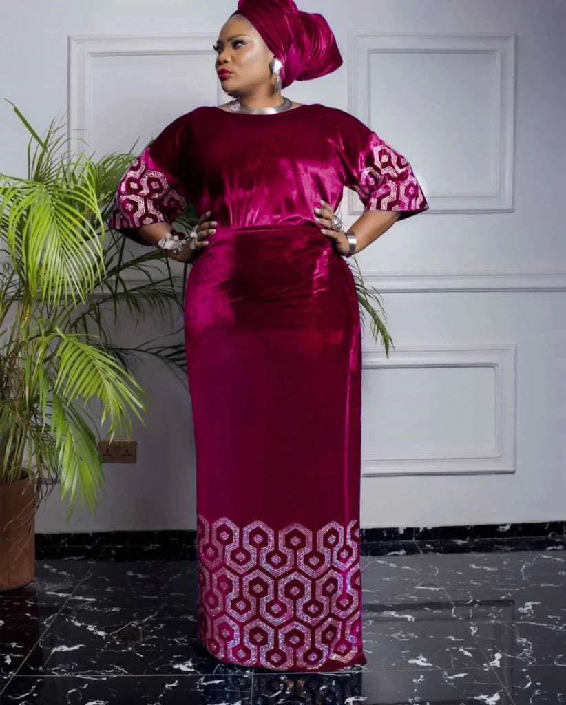 3PC African Velvet Dress Set for Women – Full Stone Embellished Top with Wrapper & Scarf - Free Delivery Worldwide only at Flexi Africa