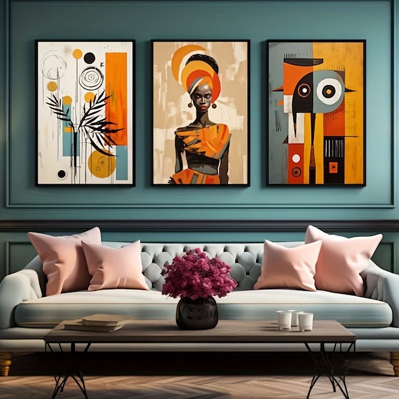 3PCS Abstract African Wall Art Set – Afro Bohemian Black Woman Canvas Prints - Free Delivery Worldwide only at Flexi Africa