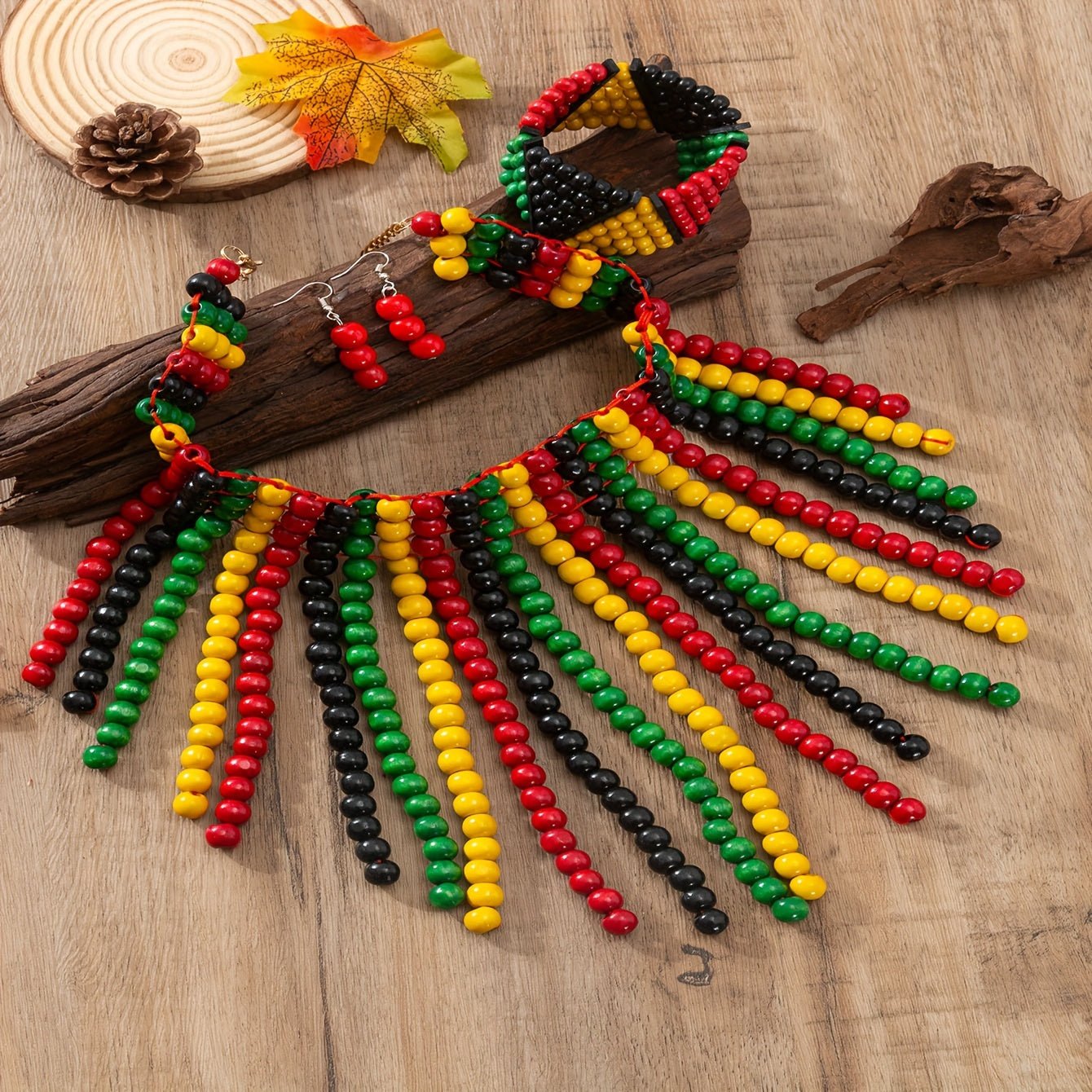4PCS Earrings Necklace Plus Bracelet Boho Style Jewelry Set Colorful Wooden Beads Traditional Bridal Accessories - Flexi Africa - Free Delivery Worldwide only at www.flexiafrica.com