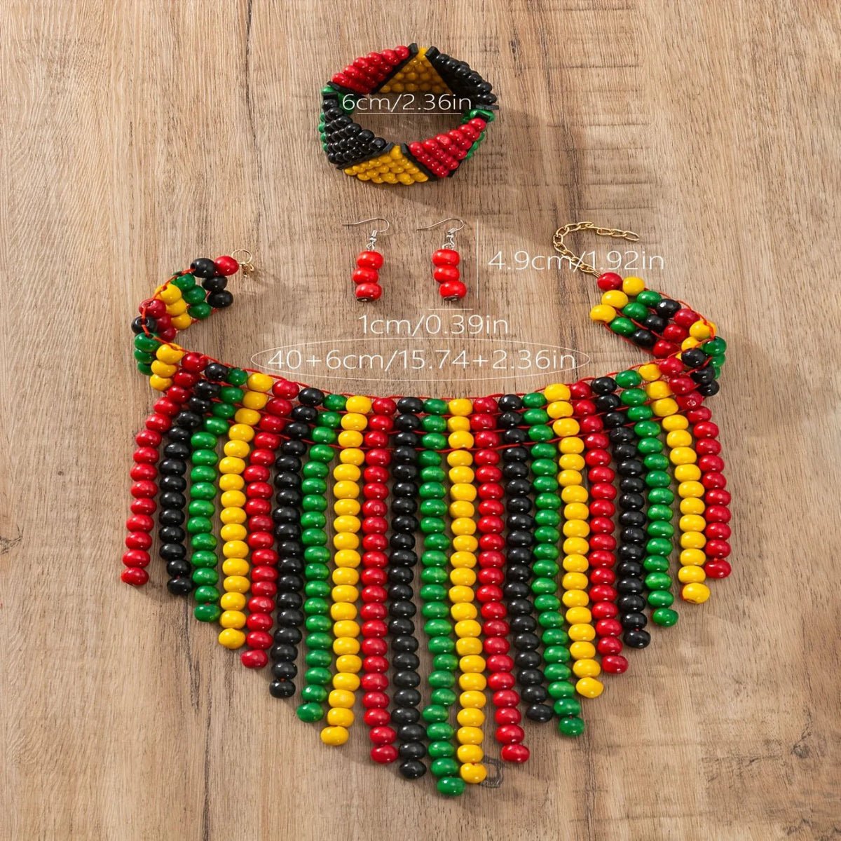 4PCS Earrings Necklace Plus Bracelet Boho Style Jewelry Colorful Wooden Beads Traditional Bridal Accessories - Free Delivery