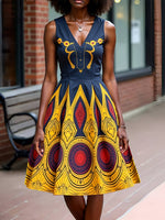 Curvy Fit Printed V - Neck Sleeveless Waist Dress - Free Delivery Worldwide only at Flexi Africa