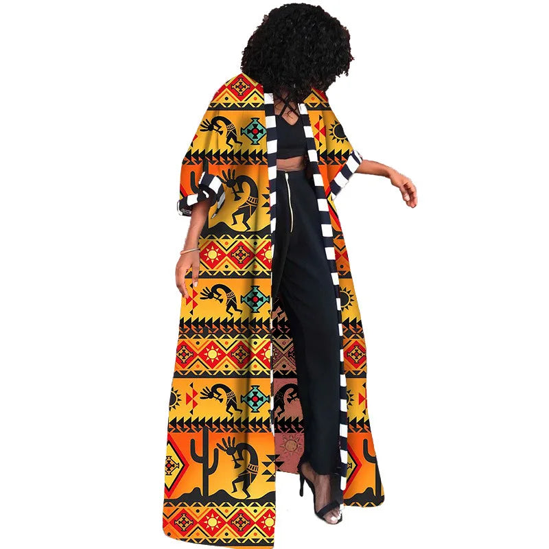 Women's African Dashiki Long Shirt Dress – Autumn Winter Print Cardigan Coat