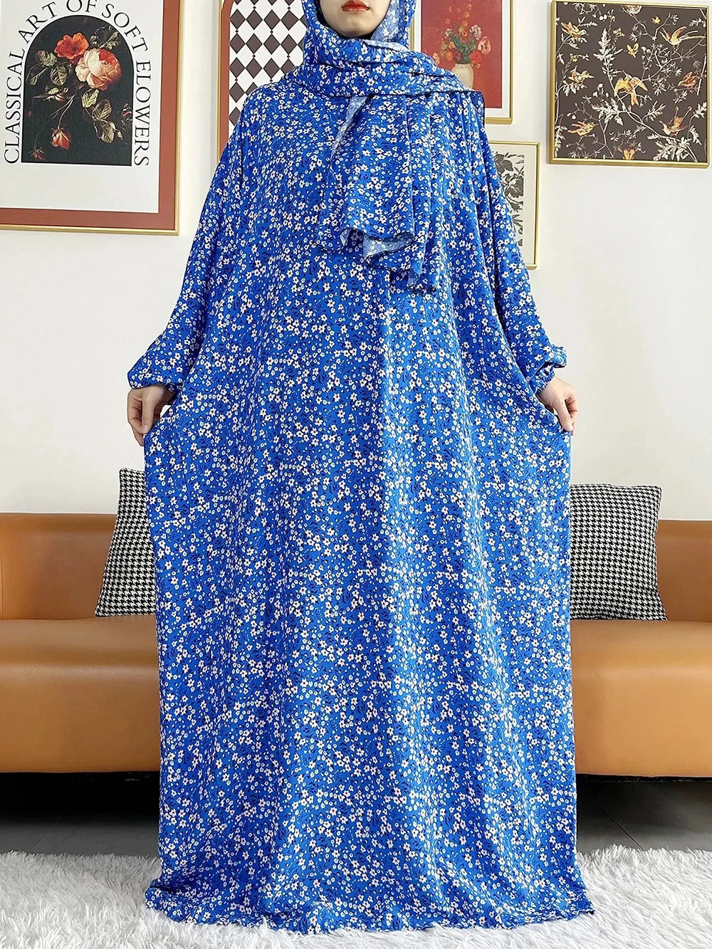 African Muslim Women's Hooded Abaya – Cotton Kaftan with Hijab & Floral Print Robe for Prayer and Everyday Wear
