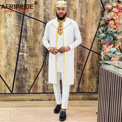 African Clothes for Men – Agbada Robe Embroidery Shirt, Pants, Hat 4PC Set with Chain
