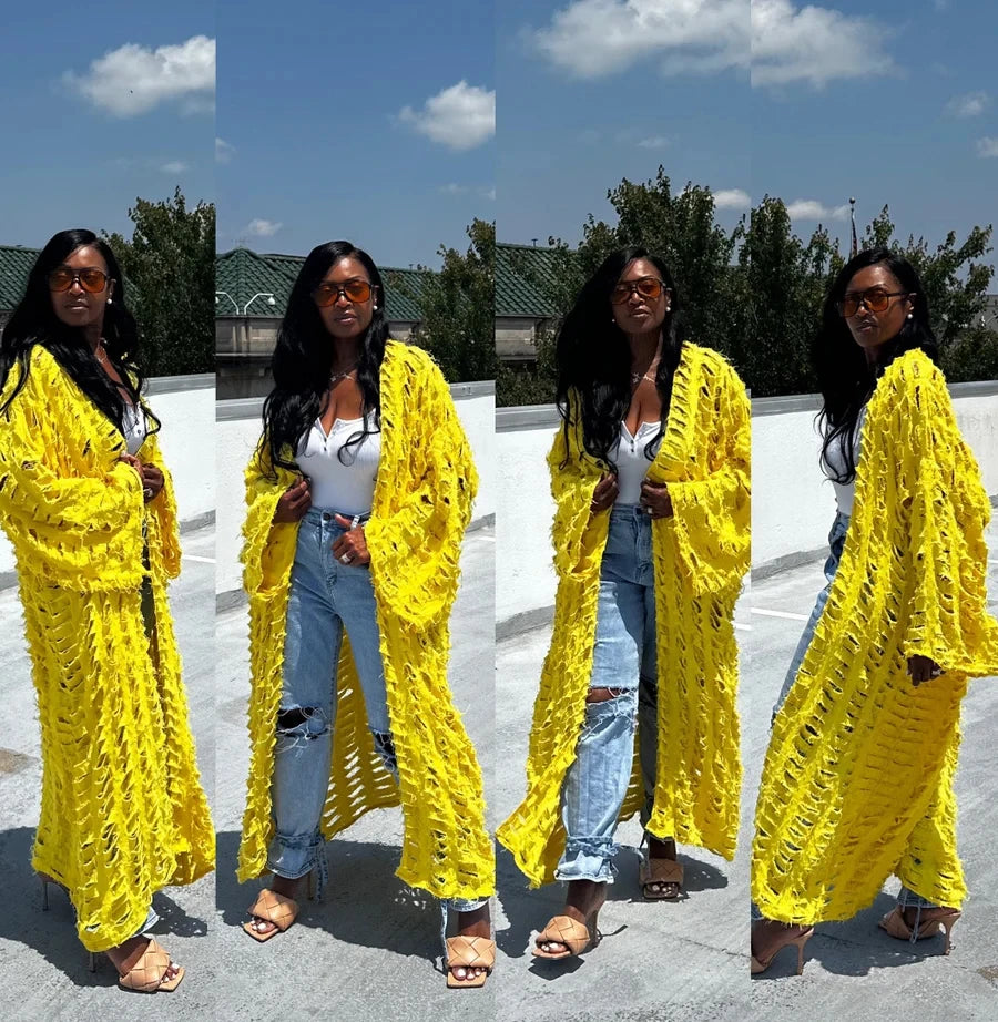 African Fashion Cardigans For Women Summer 2025 Sexy Hollow Denim Long Down Coat Plus Europe Lady Swimwear Long Kimonos