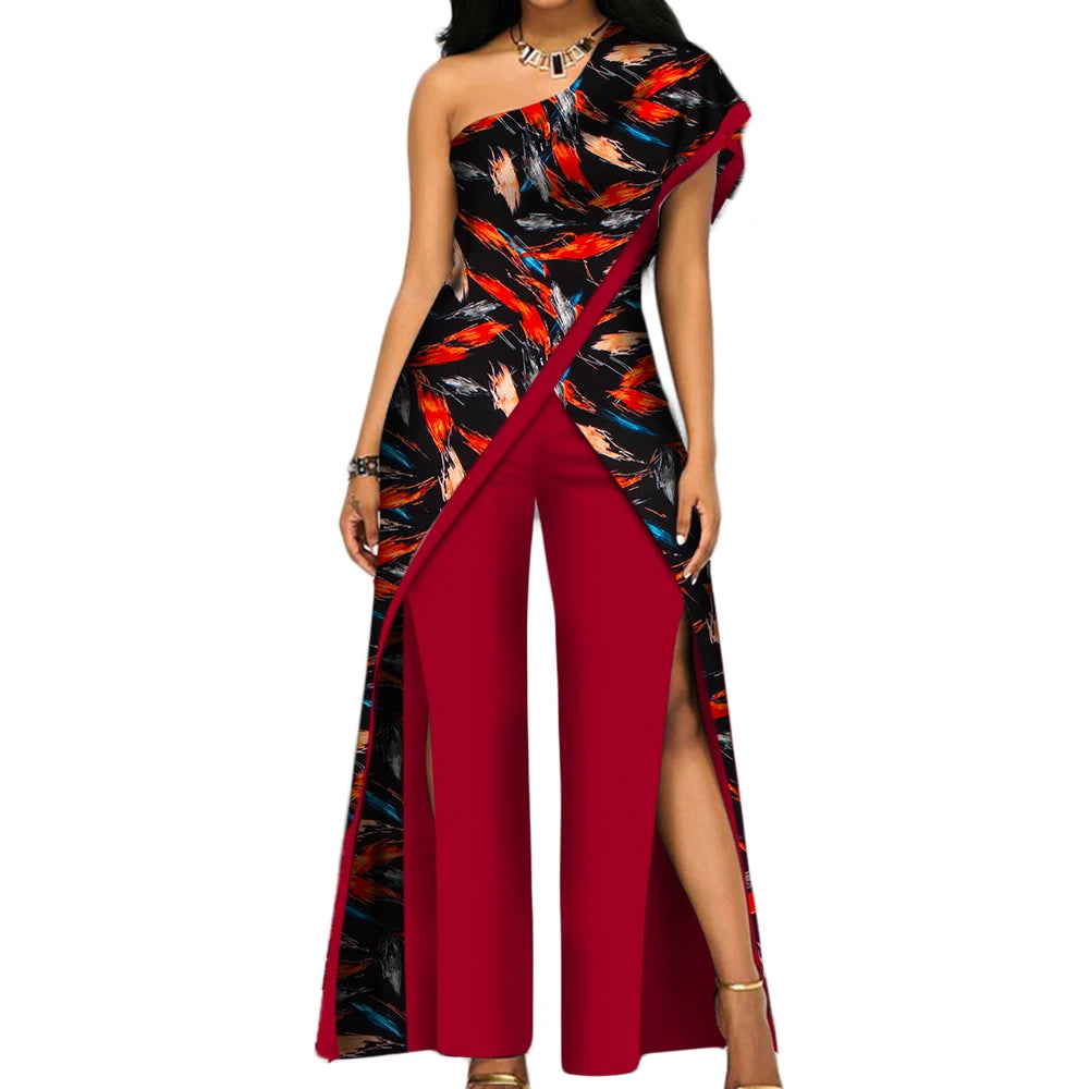 2PC African Women’s Ankara Pant Set – Stylish Off-Shoulder Top and Trousers