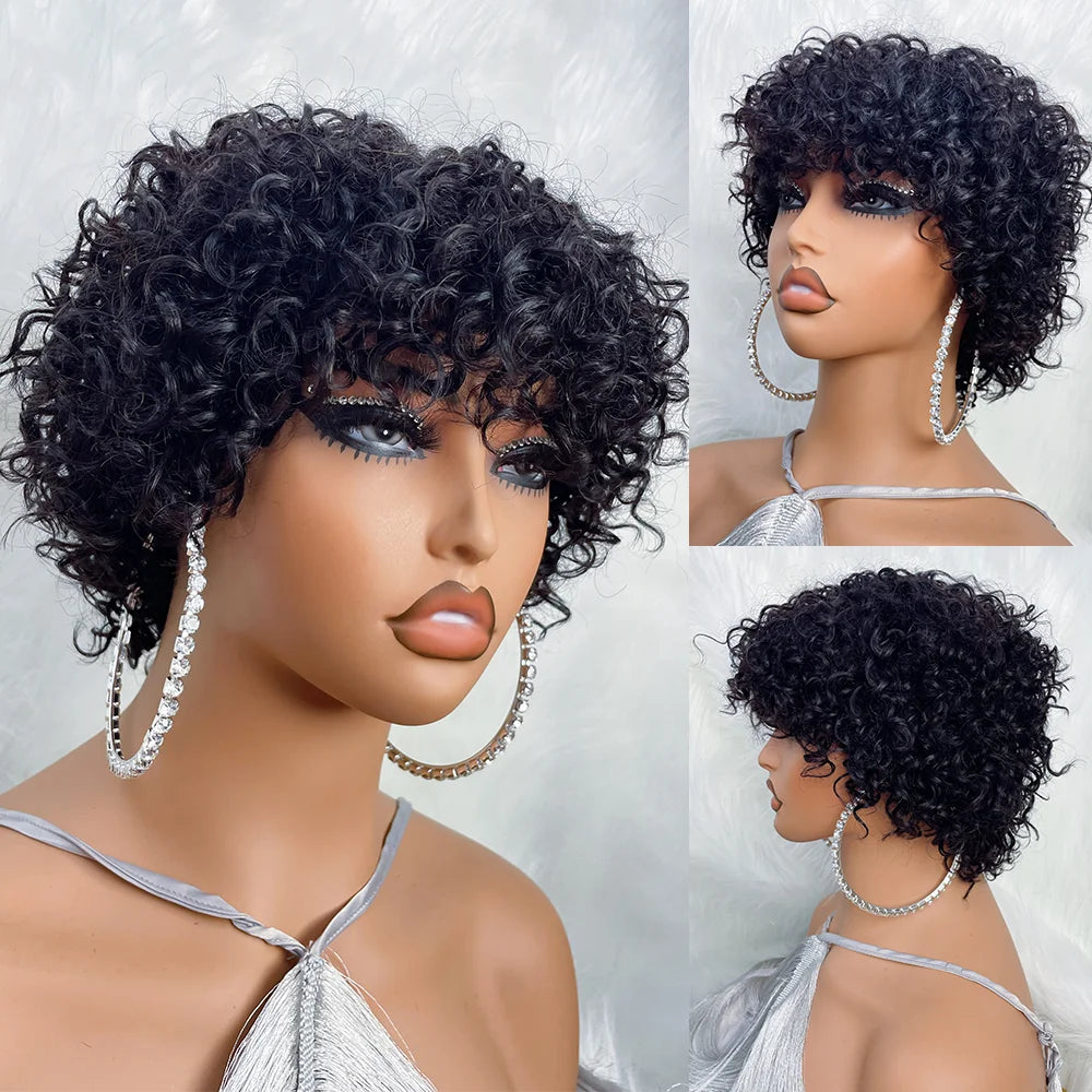 Pixie Cut Afro Curly Human Hair Wig for Black Women – Short Bouncy Funmi Wig with Bangs, Glueless Bob Style