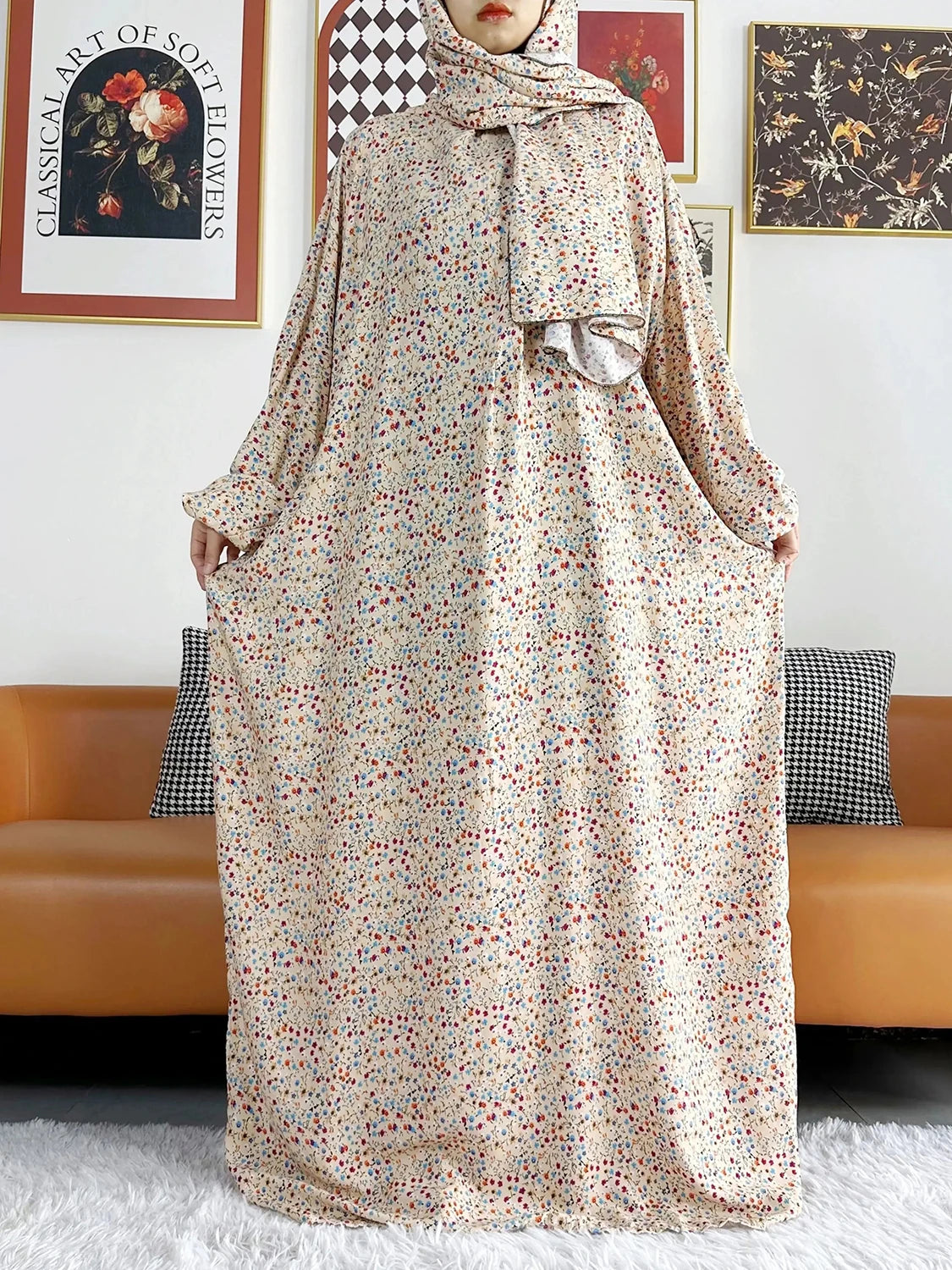 African Muslim Women's Hooded Abaya – Cotton Kaftan with Hijab & Floral Print Robe for Prayer and Everyday Wear