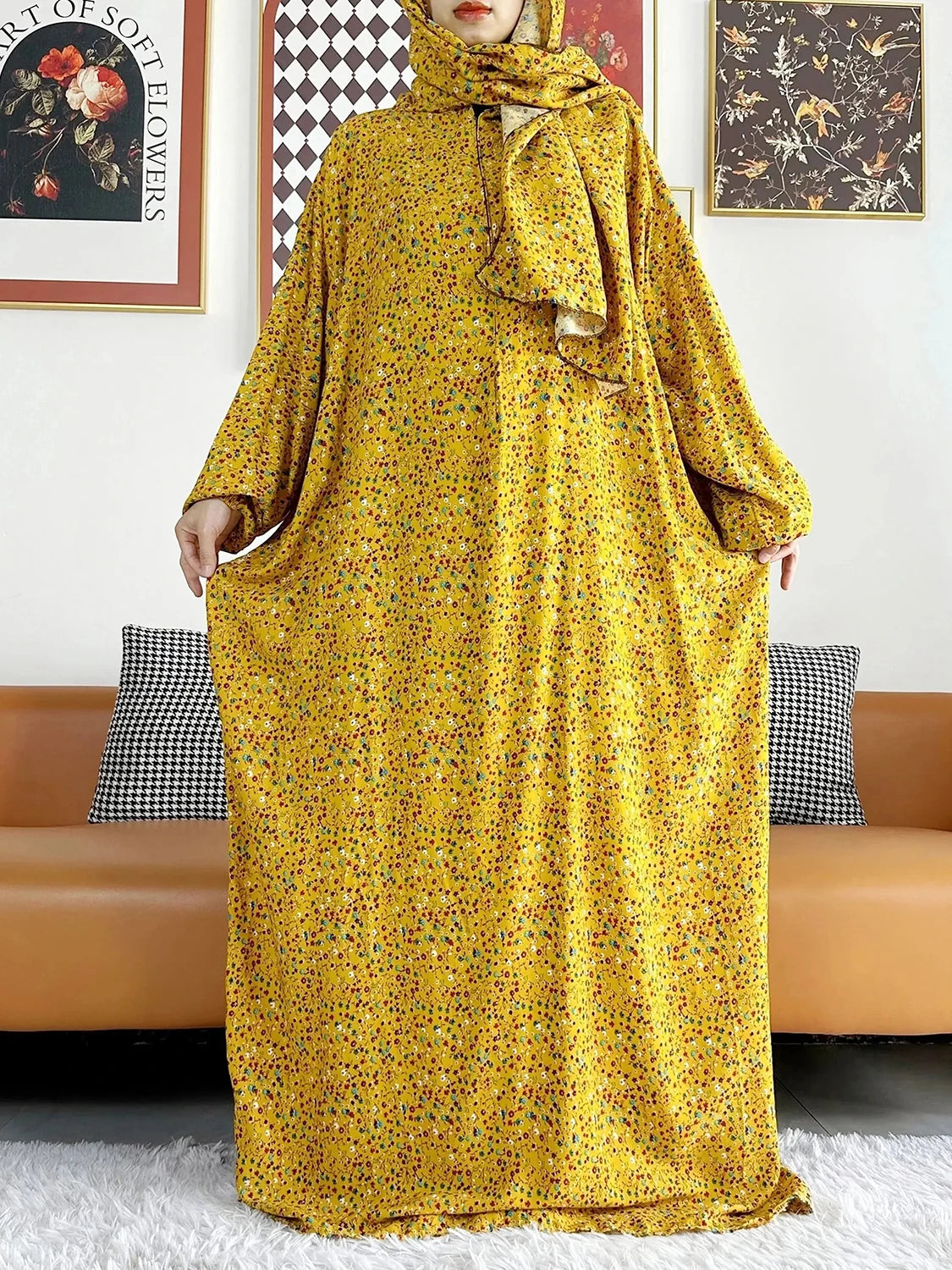 African Muslim Women's Hooded Abaya – Cotton Kaftan with Hijab & Floral Print Robe for Prayer and Everyday Wear