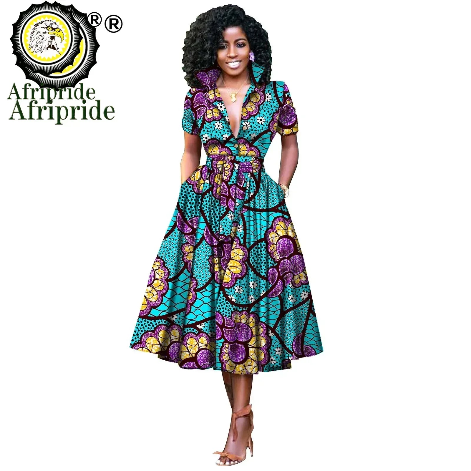 African Women’s Dress – Elegant V-Neck Short Sleeve High-Waist Formal Dress