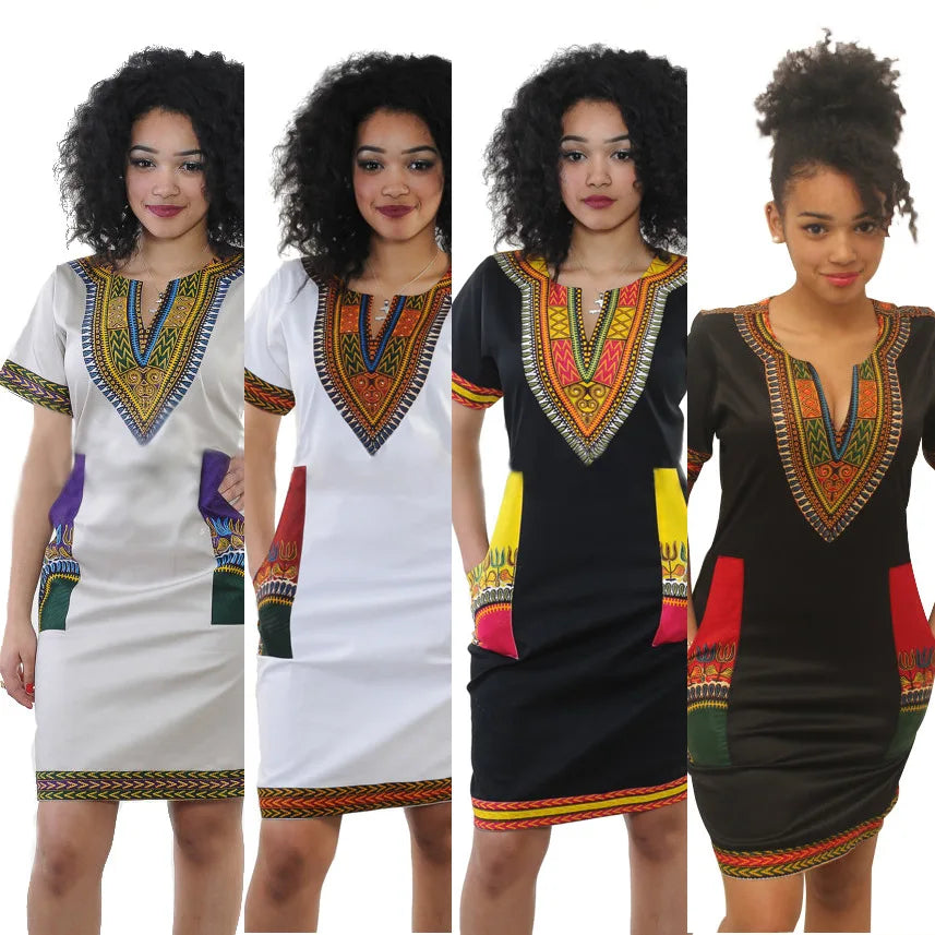 Summer Fashion: African Women's Short Sleeve V-neck Polyester Knee-length Dress - Flexi Africa - Flexi Africa offers Free Delivery Worldwide - Vibrant African traditional clothing showcasing bold prints and intricate designs