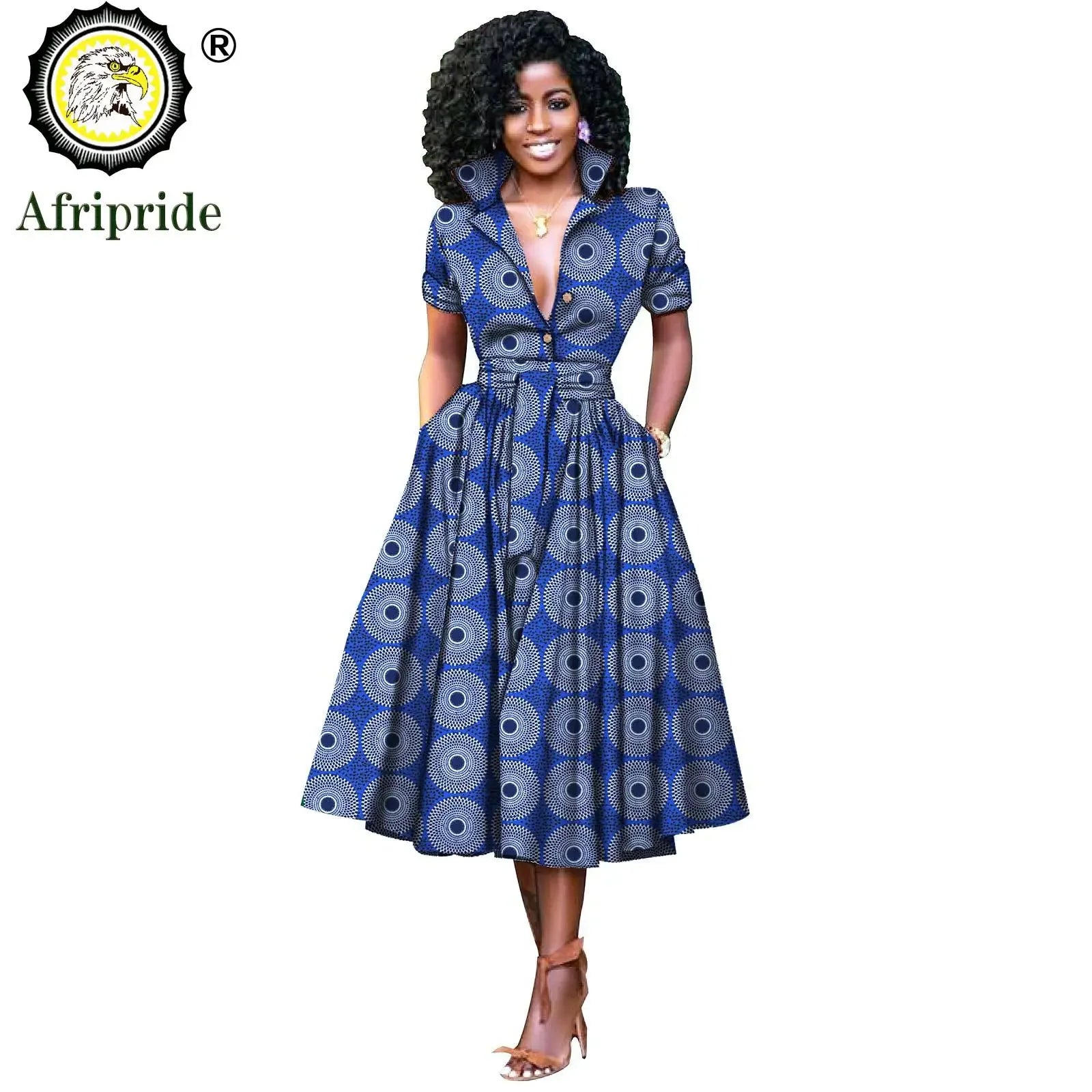 African Women’s Dress – Elegant V-Neck Short Sleeve High-Waist Formal Dress