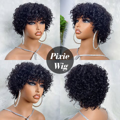 Pixie Cut Afro Curly Human Hair Wig for Black Women – Short Bouncy Funmi Wig with Bangs, Glueless Bob Style