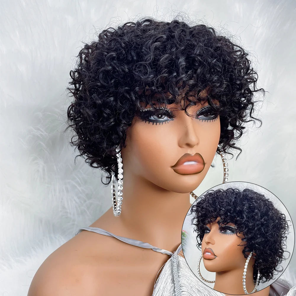 Pixie Cut Afro Curly Human Hair Wig for Black Women – Short Bouncy Funmi Wig with Bangs, Glueless Bob Style