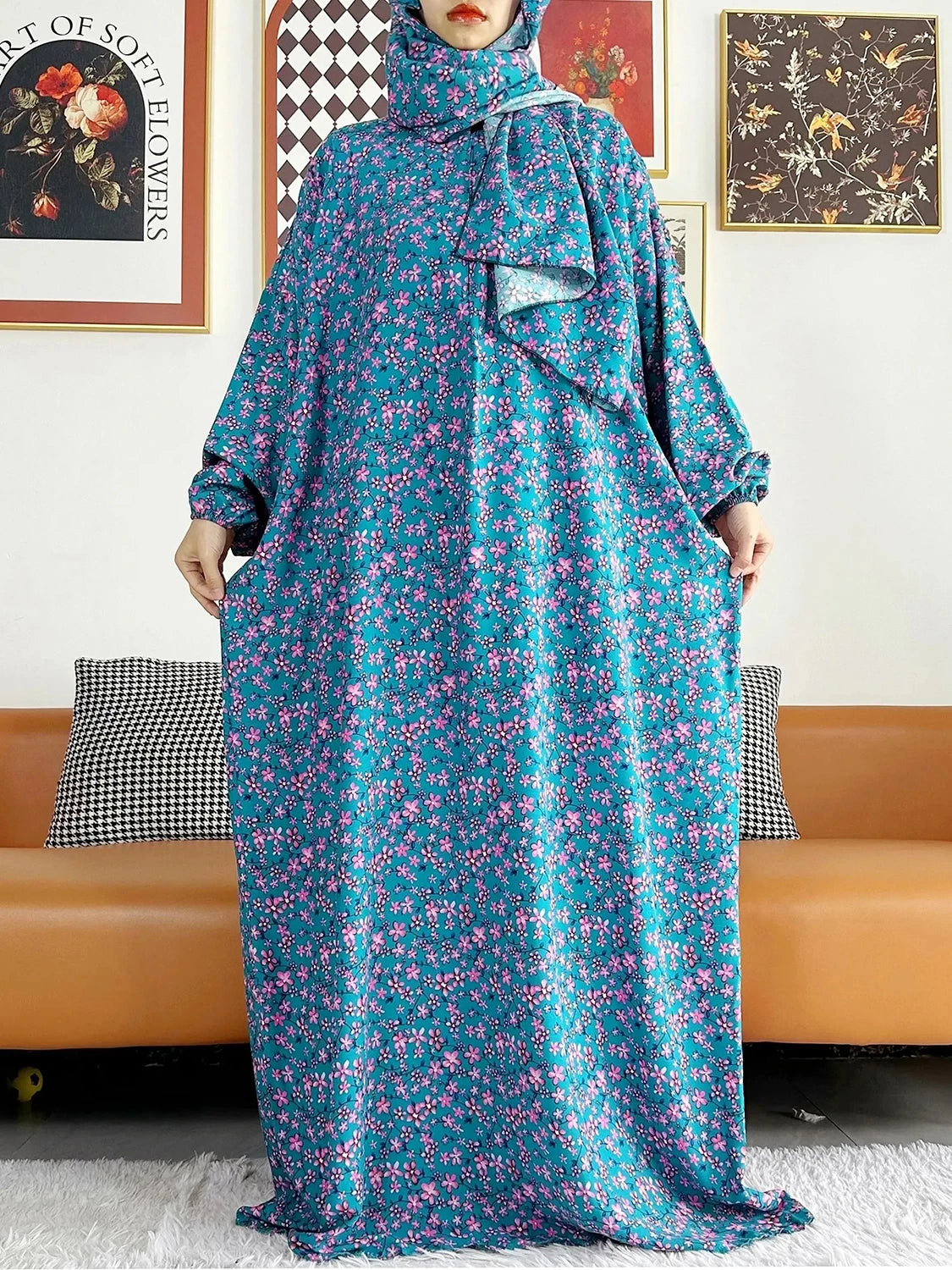 African Muslim Women's Hooded Abaya – Cotton Kaftan with Hijab & Floral Print Robe for Prayer and Everyday Wear