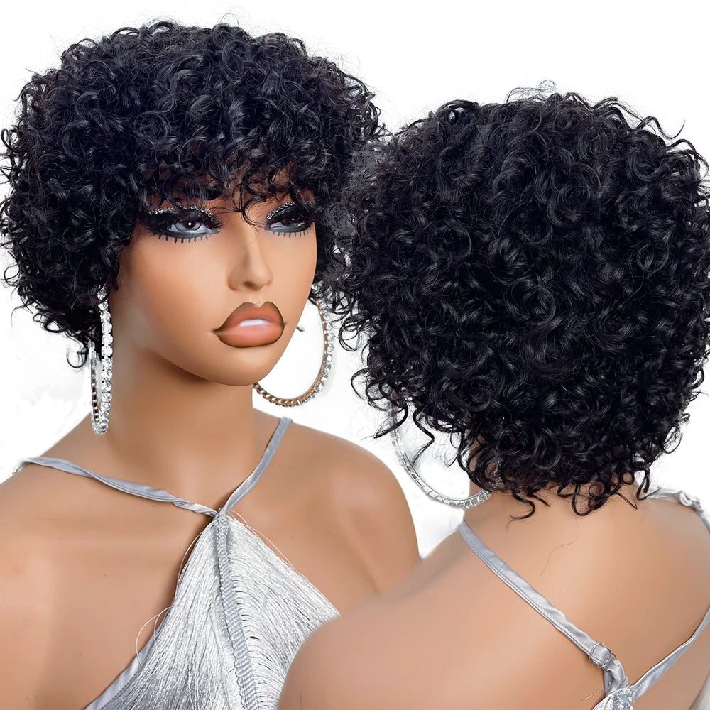 Pixie Cut Afro Curly Human Hair Wig for Black Women – Short Bouncy Funmi Wig with Bangs, Glueless Bob Style