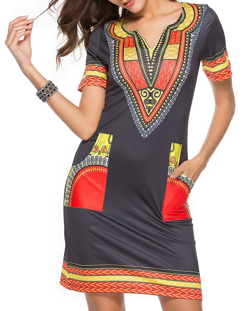 Summer Fashion: African Women's Short Sleeve V-neck Polyester Knee-length Dress - Flexi Africa - Flexi Africa offers Free Delivery Worldwide - Vibrant African traditional clothing showcasing bold prints and intricate designs