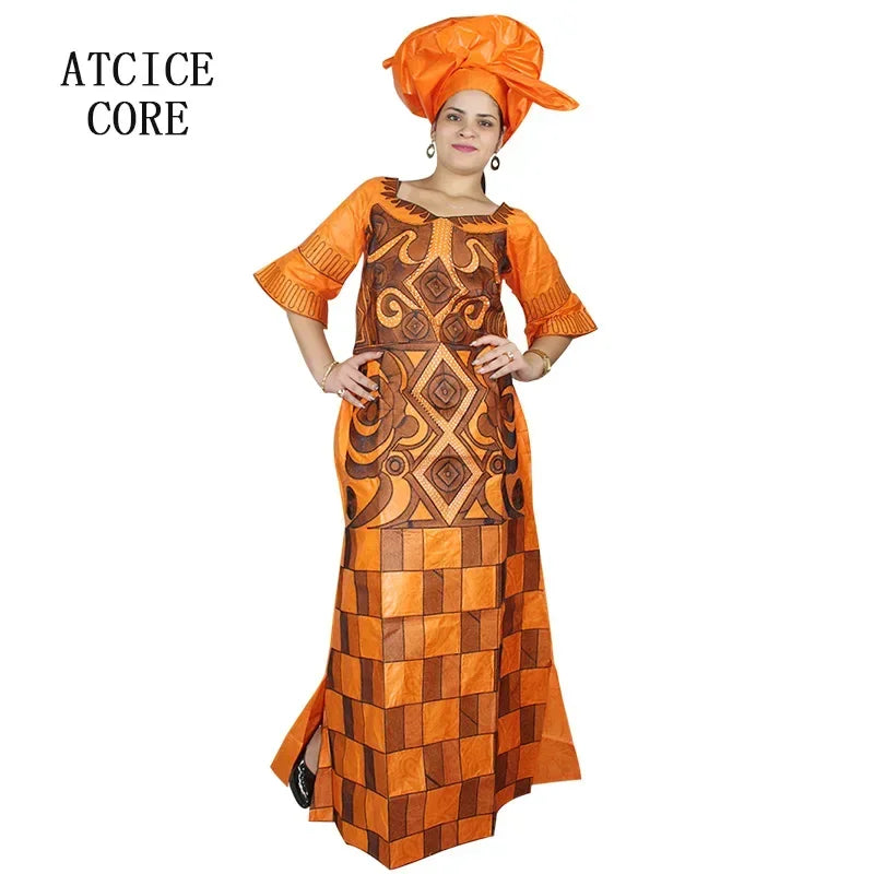 African Women's Bazin Riche Embroidered Plus - Size Long Dress with Matching Scarf - Free Delivery Worldwide only at Flexi Africa