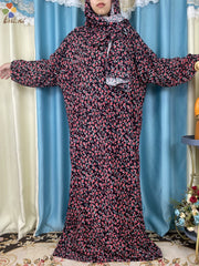 African Muslim Women's Hooded Abaya – Cotton Kaftan with Hijab & Floral Print Robe for Prayer and Everyday Wear