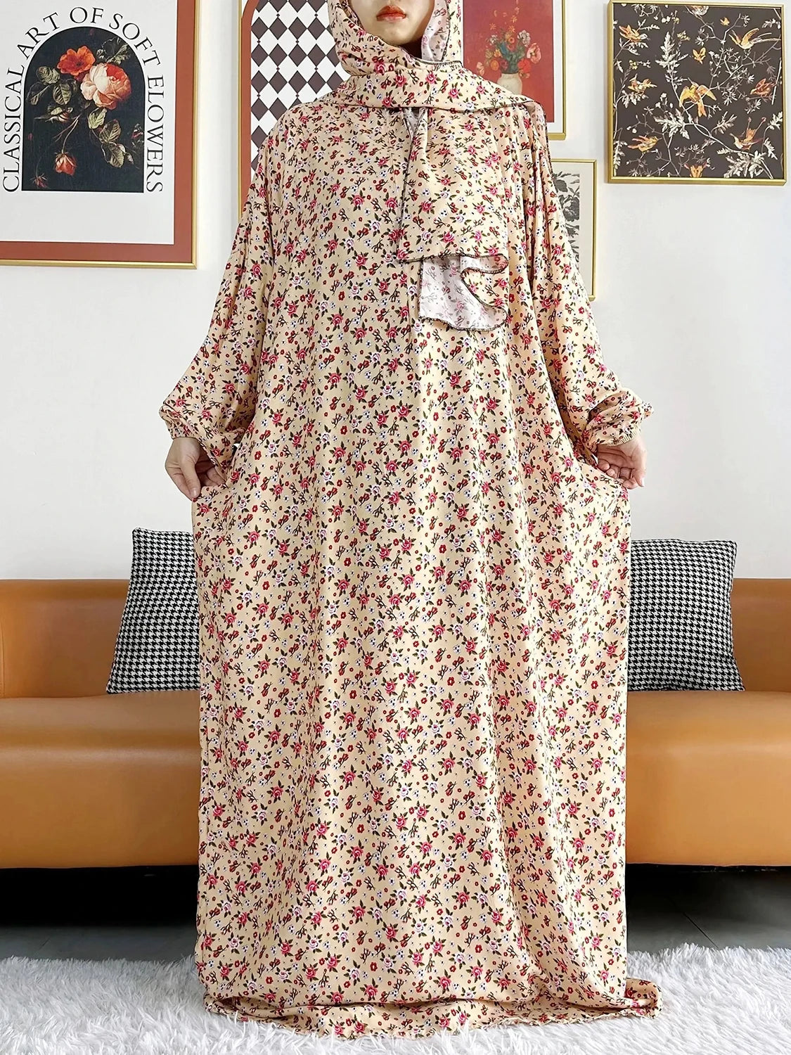 African Muslim Women's Hooded Abaya – Cotton Kaftan with Hijab & Floral Print Robe for Prayer and Everyday Wear