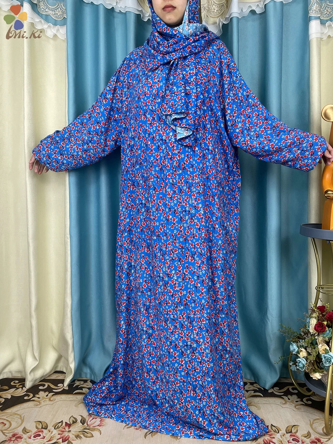 African Muslim Women's Hooded Abaya – Cotton Kaftan with Hijab & Floral Print Robe for Prayer and Everyday Wear