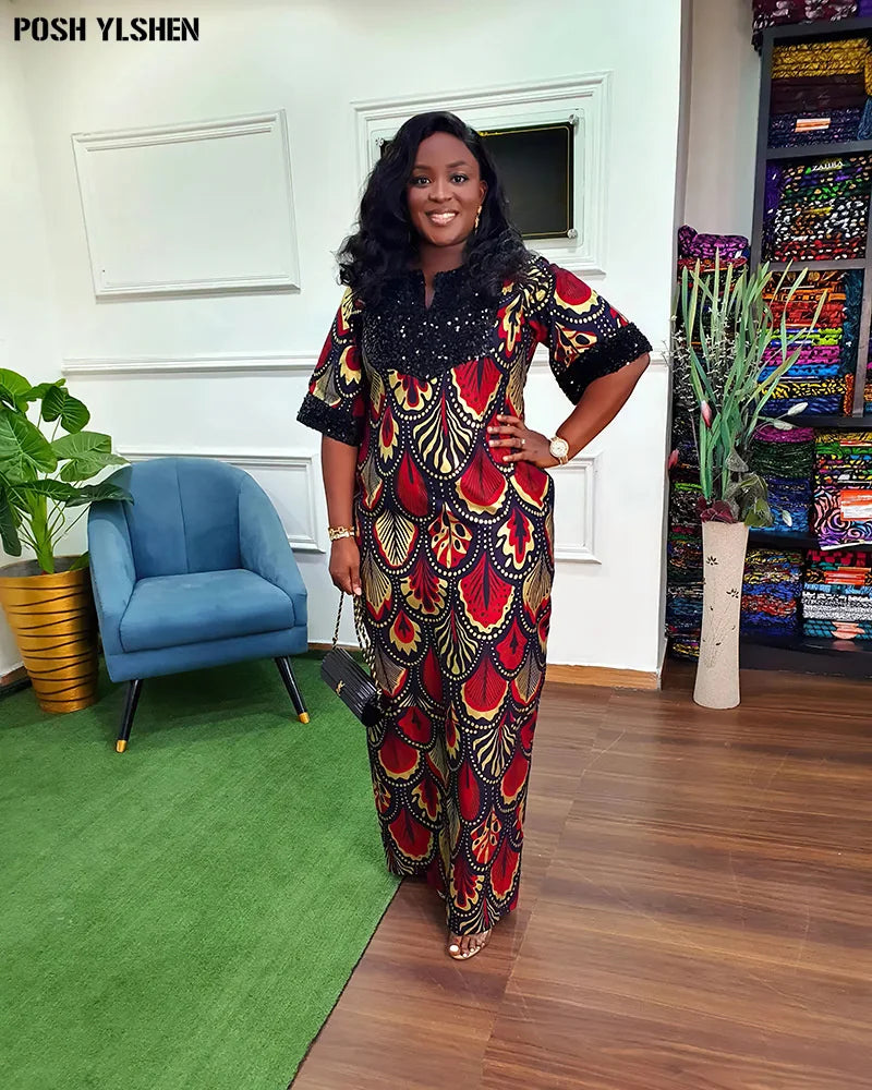 Buy Luxury African Long Gown – Sequin Embellished Caftan Dress with Floral Print and Slit for only $61.49 at Flexi Africa!