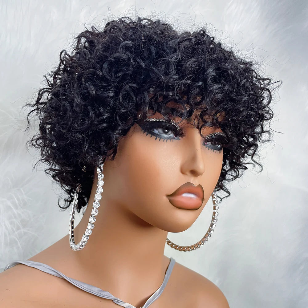 Pixie Cut Afro Curly Human Hair Wig for Black Women – Short Bouncy Funmi Wig with Bangs, Glueless Bob Style