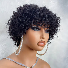 Pixie Cut Afro Curly Human Hair Wig for Black Women – Short Bouncy Funmi Wig with Bangs, Glueless Bob Style