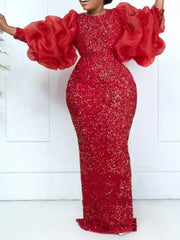 African Long Sleeve Maxi Dress for Women – Sequin Detail, Black & Red, Sizes S-3XL