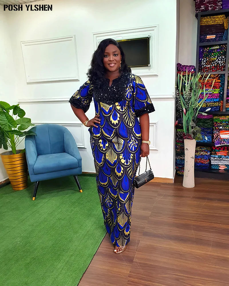 Buy Luxury African Long Gown – Sequin Embellished Caftan Dress with Floral Print and Slit for only $61.49 at Flexi Africa!