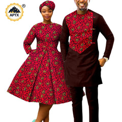 African Print Couples Clothing – Women’s Dress with Headwrap and Men’s Patchwork Top and Pants
