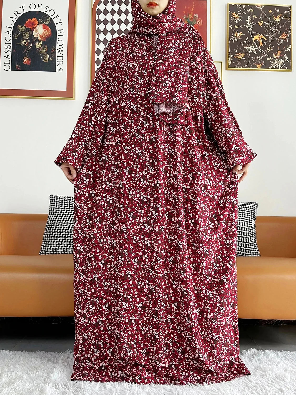 African Muslim Women's Hooded Abaya – Cotton Kaftan with Hijab & Floral Print Robe for Prayer and Everyday Wear