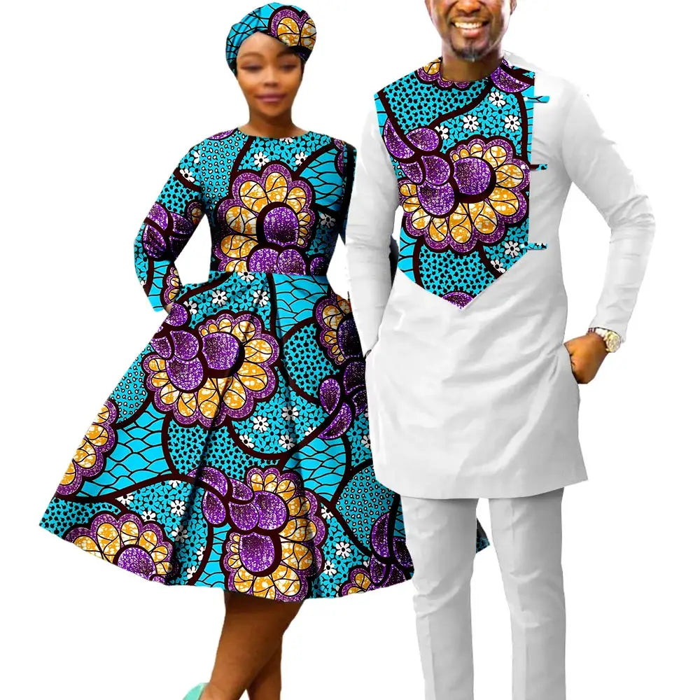 African Print Couples Clothing – Women’s Dress with Headwrap and Men’s Patchwork Top and Pants