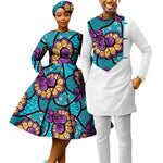 African Print Couples Clothing – Women’s Dress with Headwrap and Men’s Patchwork Top and Pants - Free Delivery Worldwide