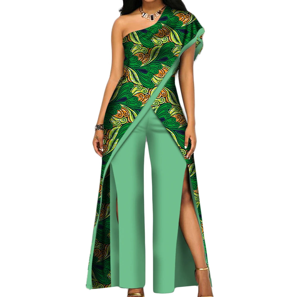 2PC African Women’s Ankara Pant Set – Stylish Off-Shoulder Top and Trousers