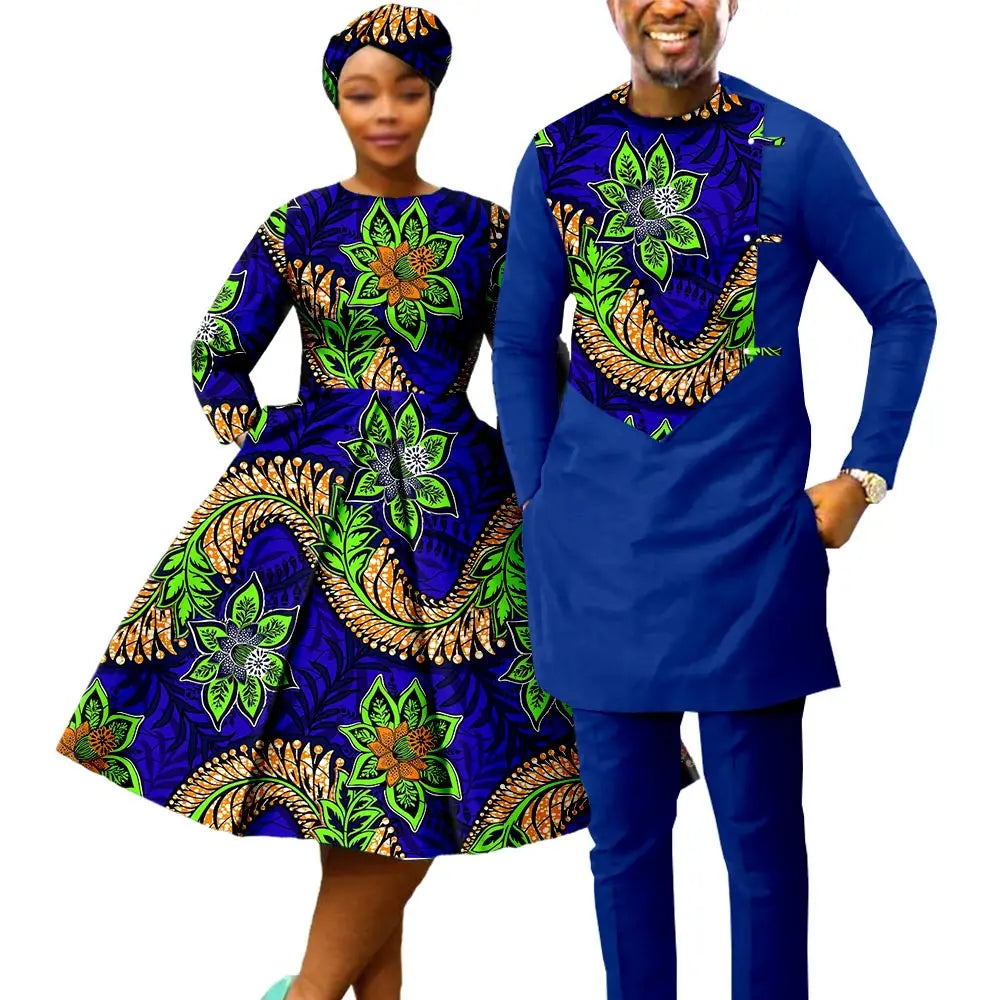 African Print Couples Clothing – Women’s Dress with Headwrap and Men’s Patchwork Top and Pants