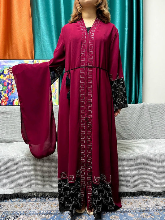 Abayas Chiffon Pure Chains Diamonds Loose Fit Femme Robe Caftan With Turban - Flexi Africa Free Delivery www.flexiafrica.com